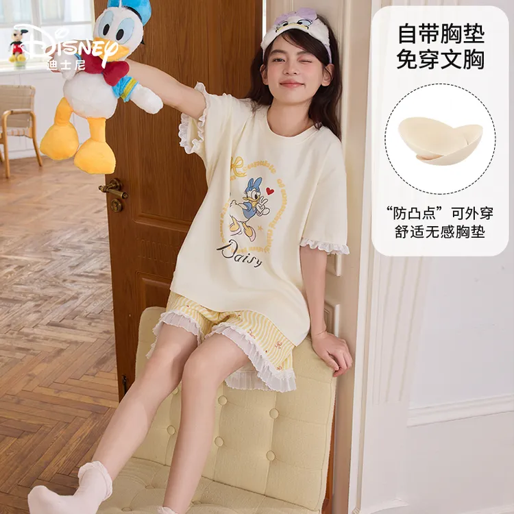 Disney/迪士尼夏季短袖短裤纯棉带胸垫卡通动漫大码家居服0317