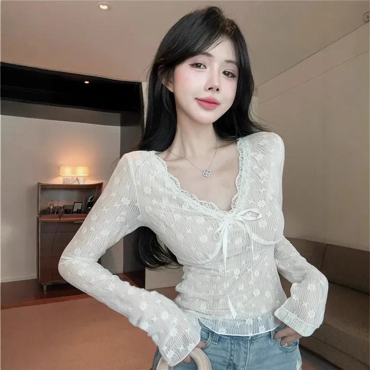 hollyii 法式百搭设计感小众绑带蕾丝上衣打底衫女秋季2024新款