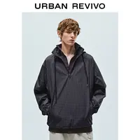 UR2025秋季新款男潮流格纹连帽抽绳超宽松罩衫衬衫UUV250012