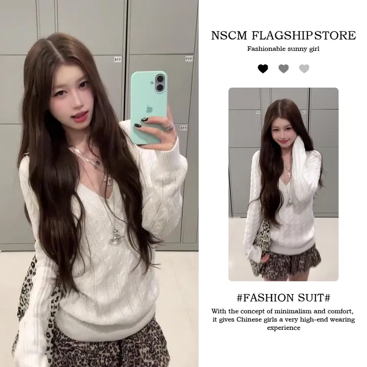 NSCM韩系毛针织衫长袖V领上衣设计感短裙清冷系禅意衣服秋季新款