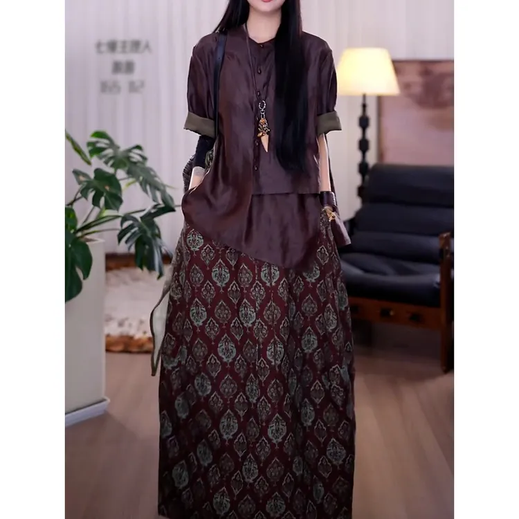 老钱风女式轻奢百搭裙套装2025夏季新款通勤显瘦衬衫+印花半身裙