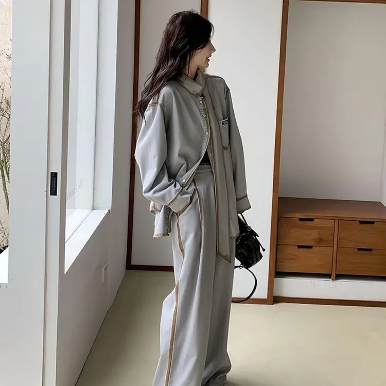 韩系慵懒松弛感牛仔套装女秋季2025新款休闲飘带衬衫阔腿裤两件套