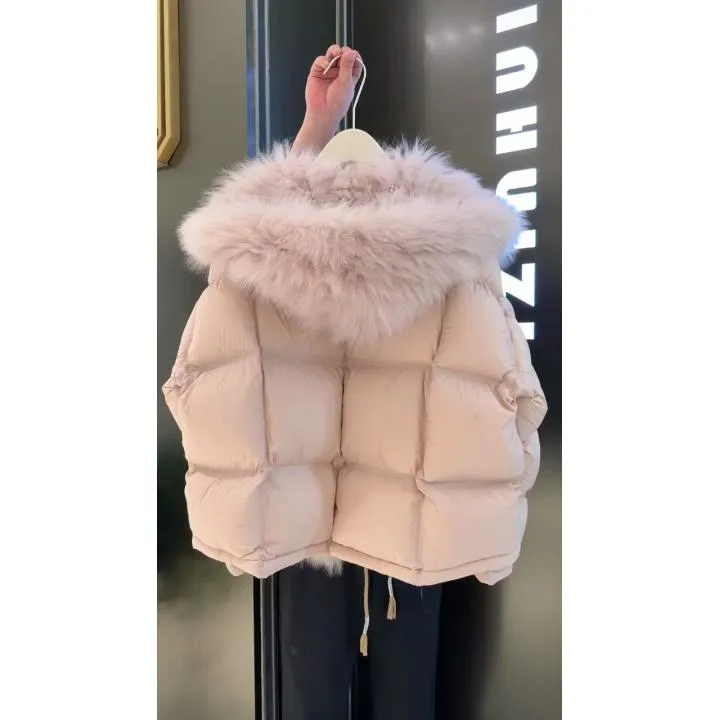 韩系粉色大毛领短款棉服女2025秋冬季新款保暖加厚面包服气质外套