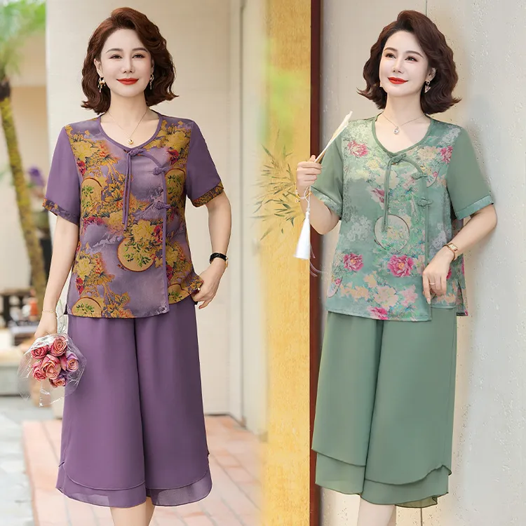 妈妈夏装新款套装时尚宽松短袖上衣休闲中老年女装t恤衫薄款两件