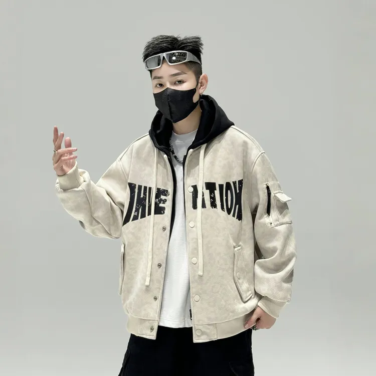 潮牌个性字母假两件夹克男可脱卸帽宽松休闲棒球服痞帅外套FF2508