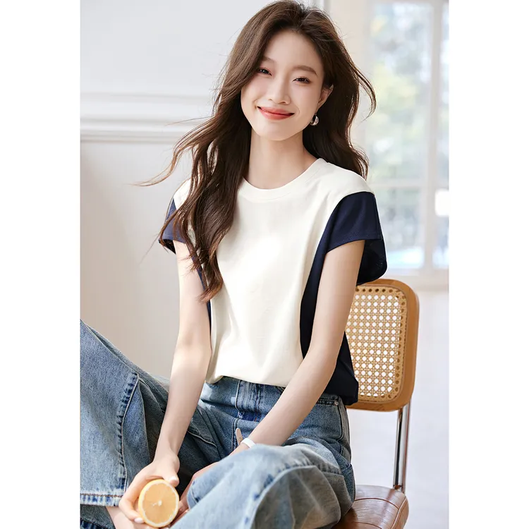 沫晗依美【修容T】25夏简约舒适亲肤透气柔软不易皱撞色显瘦落肩T恤