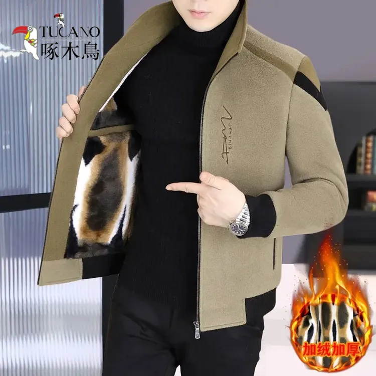 啄木鸟羊毛面料毛呢男短款立领拉链外套休闲加绒加厚夹克呢子大衣