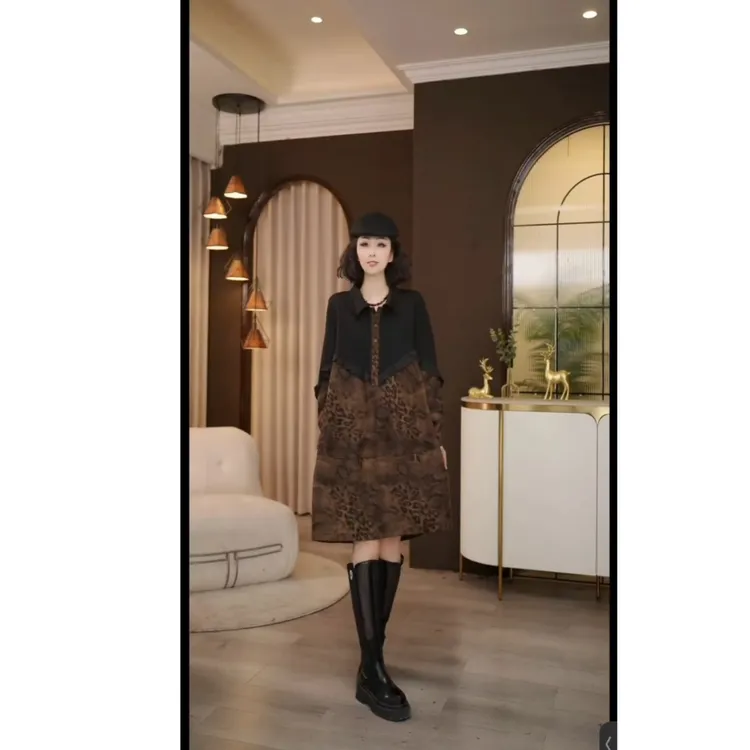 韩版翻领时尚连衣裙洋气拼接款新款休闲宽松中长裙遮肚子