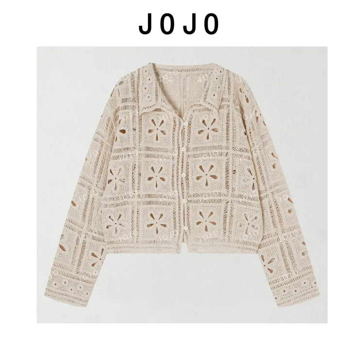玖了个玖 2025早秋 极简百搭立体镂空棉线钩织翻领外套 2508C4631