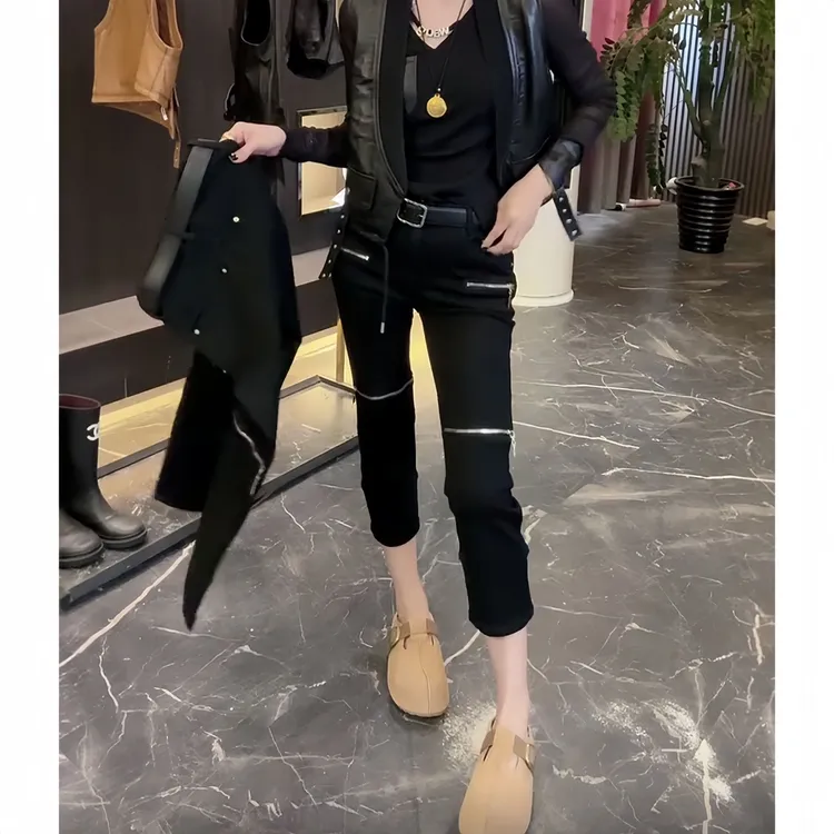 唐芯媛早秋新款小个子直筒牛仔裤女时尚拉链弹力显瘦八分烟管裤