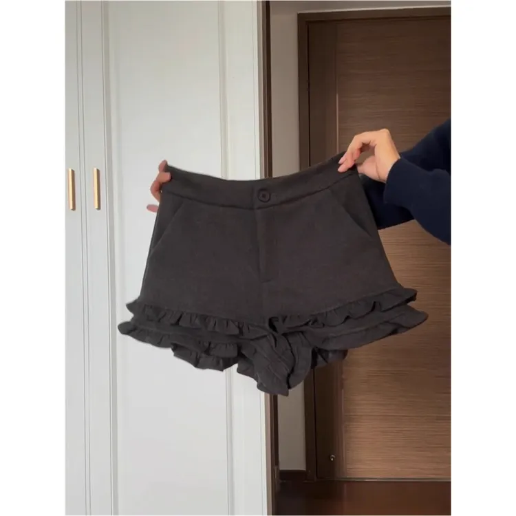 韩版气质木耳边灰色休闲靴裤女秋冬加厚大码高腰显瘦A字阔腿短裤