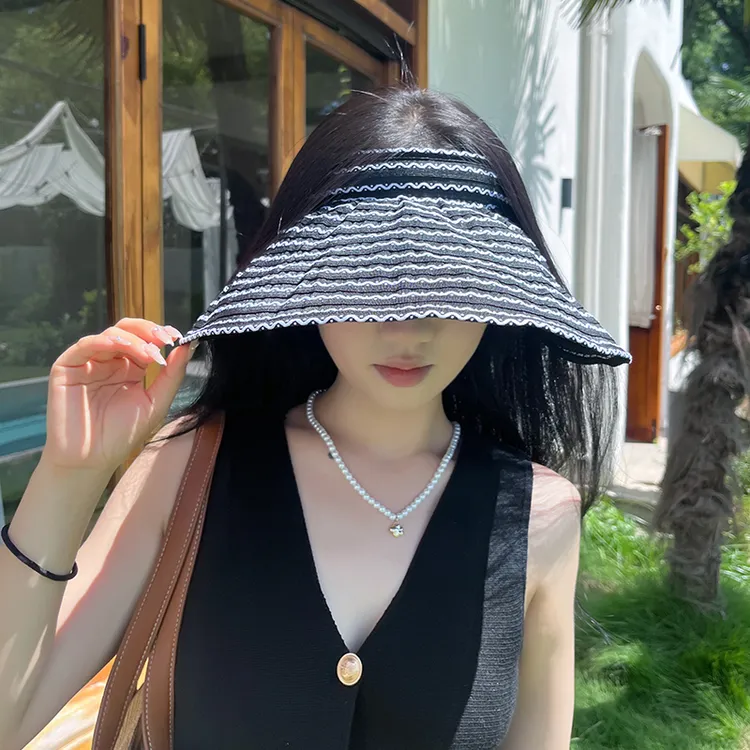 一帽多戴拼接水波纹发箍防晒帽女韩版户外遮阳大帽檐显脸小太阳帽