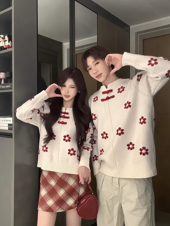 情侣装秋冬新中式套头针织短款宽松复古毛针织衫一长一短毛衣