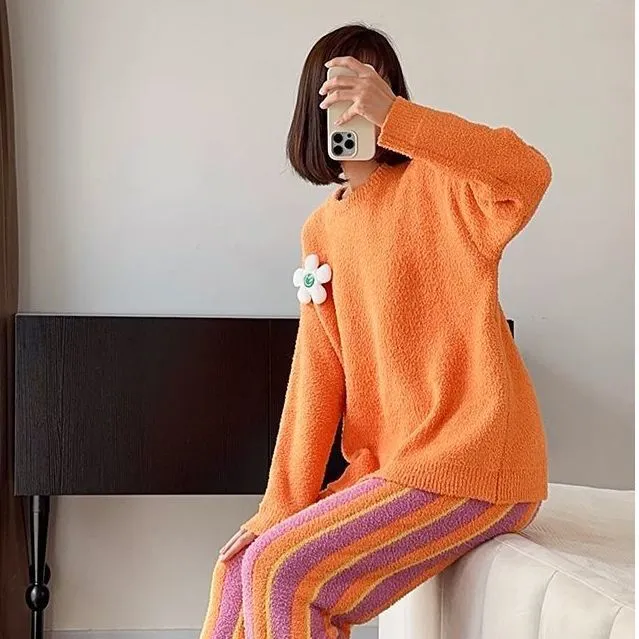 条纹款软绵绵睡衣女秋冬珊瑚绒加厚家居服套装冬季保暖休闲时尚潮