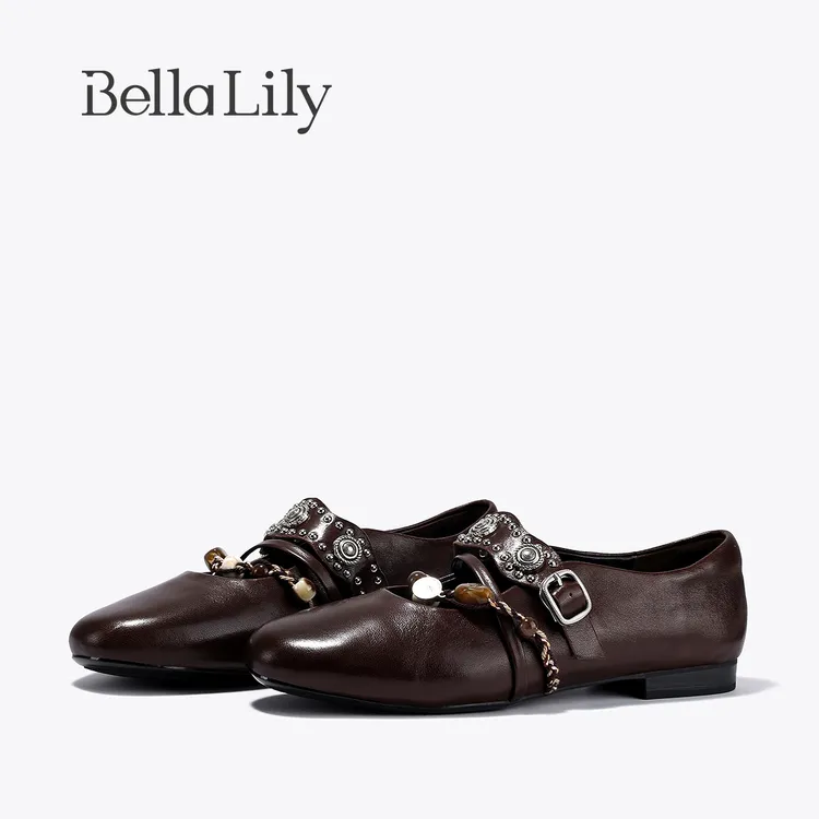 BellaLily2025秋冬新款复古时尚羊皮玛丽珍单鞋女精致浅口平底鞋