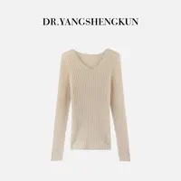杨圣坤2025新品100%山羊绒V领重工烫钻竖条长袖针织衫SQ2591120