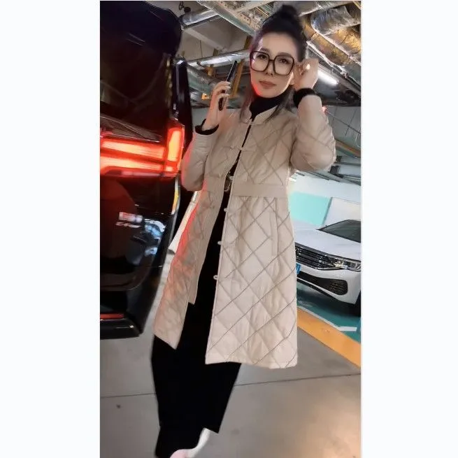 冬季新款国风加厚中长款盘扣菱格棉服女宽松显瘦唐装棉袄外套