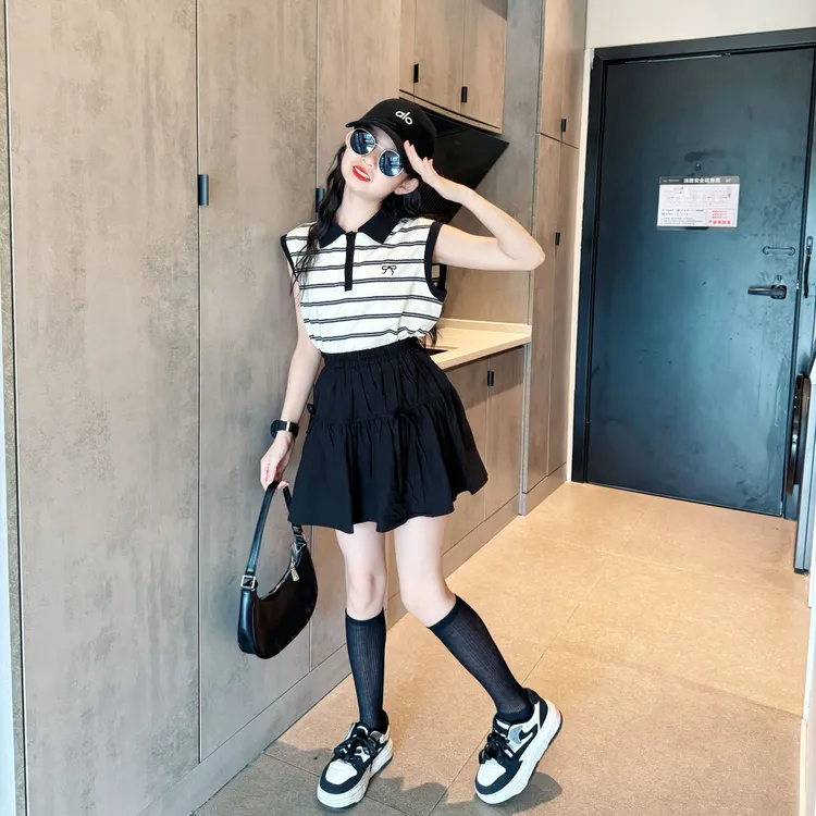 女童2025新款POLO衫百褶裙套装儿童洋气背心T恤小短裙两件套