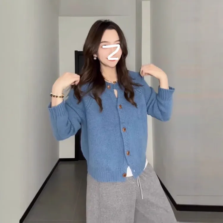 2024年秋冬新款大码雾霾蓝绵针织开衫纯色韩版显瘦纯色百搭毛衣女