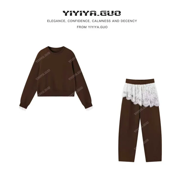 yiyiya.Guo艺艺吖【玛格丽】新款拼接蕾丝上衣裤两件套100273SS52