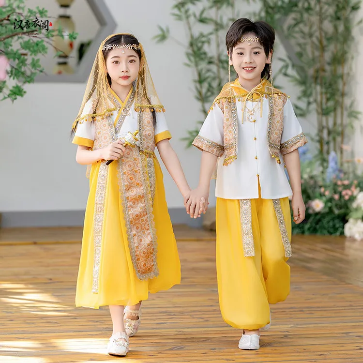 民族风表演服西域风情舞蹈服装儿童中国风汉服苗疆壮族傣族演出服