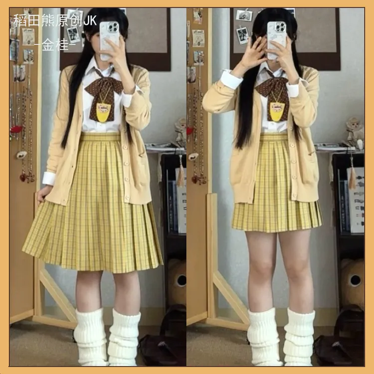 稻田熊新款【金桂】正版JK原创甜美学院学生百褶裙制服格裙半身裙
