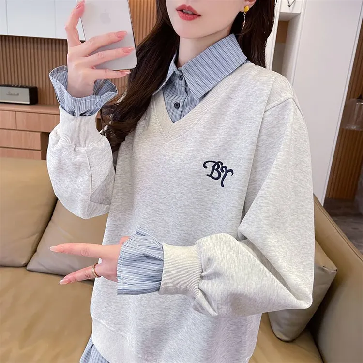学院风假两件衬衫拼接polo领薄款卫衣女春秋新款韩版宽松百搭上衣