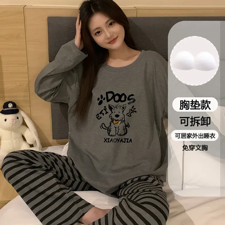 秋上新纯棉睡衣少女长袖圆领ins风港版卡通休闲带胸垫家居服套装