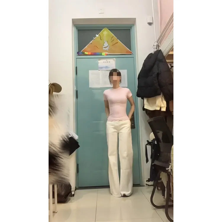 美式甜辣妹紧身掐腰短袖t恤收腰正肩上衣阔腿牛仔裤直筒拖地长裤