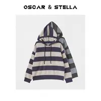 OSCAR&STELLA【糯叽叽】条纹拼接休闲针织抽绳连帽毛衣34-121502