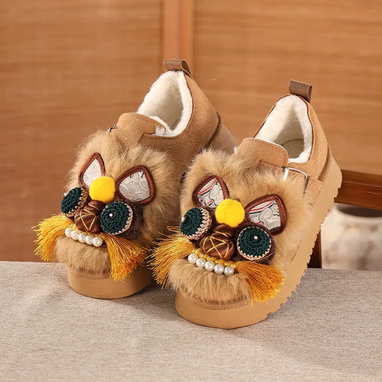 非遗虎头鞋毛绒勃肯鞋女2025新款冬季厚底保暖棉鞋一脚蹬国风鞋女