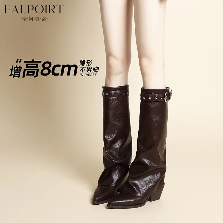 FALPOIRT新款美拉德长筒裤管靴女尖头粗跟增高显瘦骑士靴辣妹潮酷