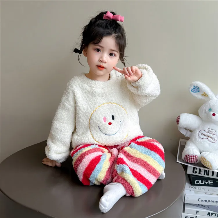 女童睡衣珊瑚绒秋冬季儿童加厚法兰绒条纹女孩宝宝加绒家居服套装