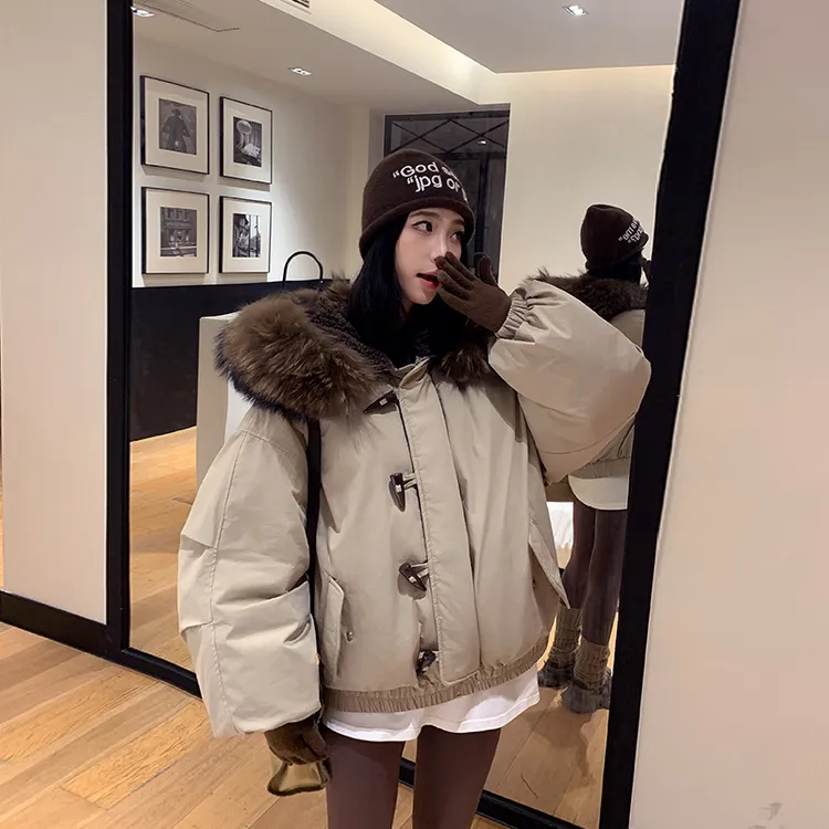 人工舒适卡其穿着衣长实物美式复古加绒加厚棉服女冬季年扣棉衣