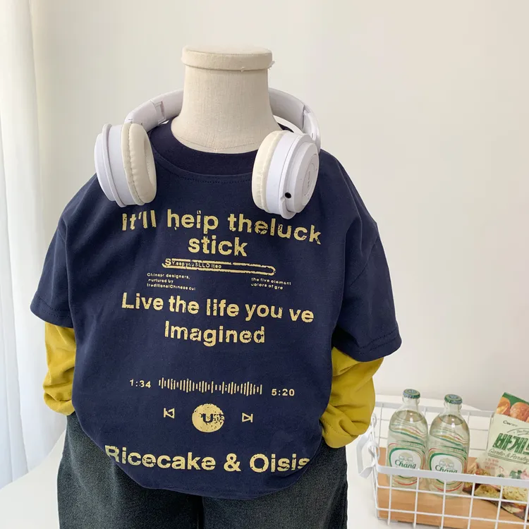 男童长袖t恤春秋装2025新款小男孩时尚假两件上衣T儿童帅气打底衫