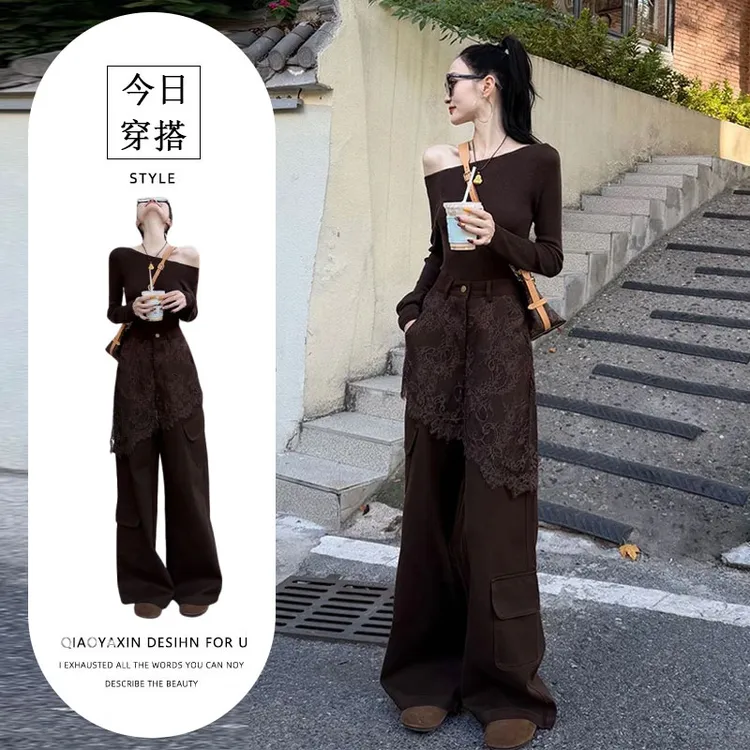 2025新款秋季穿搭ootd一整套小香风咖色长袖T恤阔腿裤两件套装女