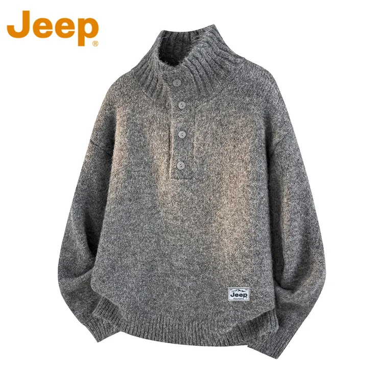 JEEP吉普灰色高级感针织衫男款冬款宽松百搭半高领加厚毛线衣男士