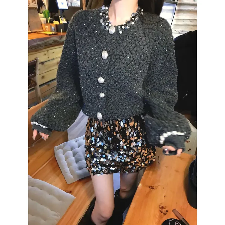 AZZHEN【银色星光】法式设计感高奢渐变星光亮片小香短裙 AZ5PSQ13