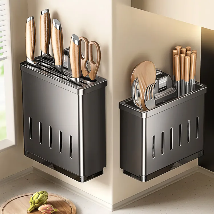 刀架筷子收纳盒壁挂式厨房置物架免打孔刀架筷子笼一体收纳挂架子
