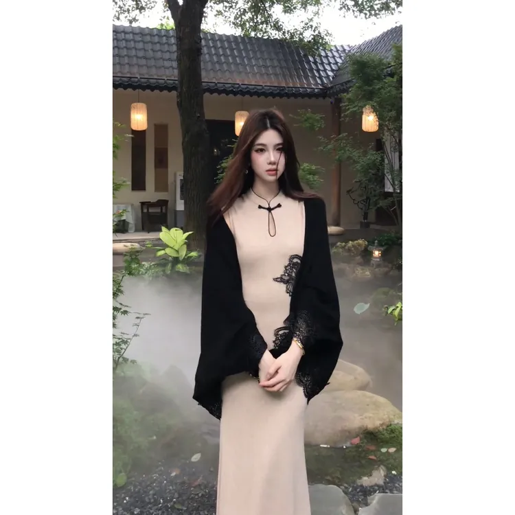 parkyeon秋季新款新中式国风无袖旗袍连衣裙外搭蕾丝拼接披肩套装