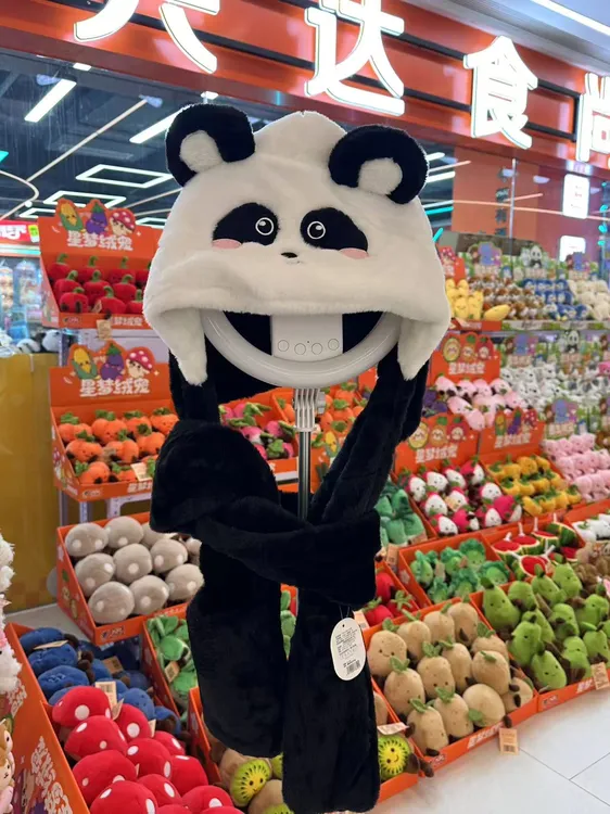 围巾手套帽子一体冬季熊猫黑色秋冬百搭男女款加绒加厚卡通保暖帽