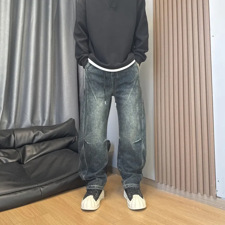 美式高街复古做旧渐变拼接休闲水洗直筒保暖加绒加厚垂感牛仔裤男