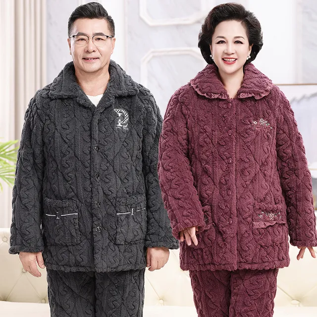 中老年人睡衣女妈妈冬季珊瑚绒保暖加厚夹棉男士加绒爸爸睡衣冬款