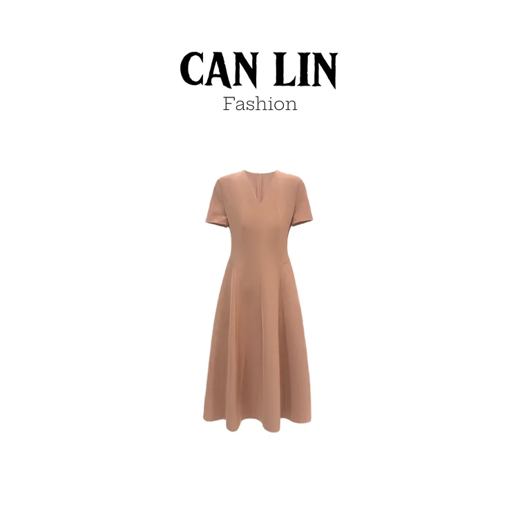 CANLIN｜2026夏季简约日常纯色V领短袖气质显瘦连衣裙G215