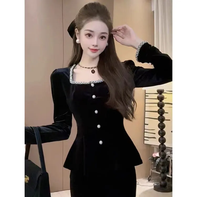 法式方领重工设计感丝绒长袖衬衫女2025年秋冬季新款洋气显瘦上衣