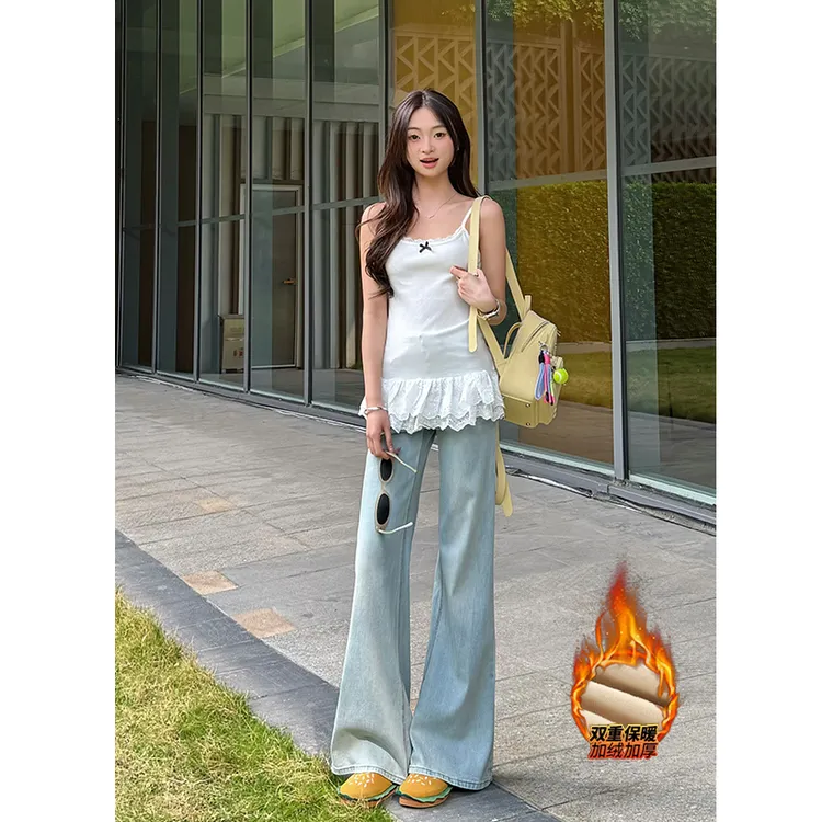 【萱芸芸专属】浅蓝色高腰加绒不贴腿微喇牛仔裤女2025冬季显瘦长裤