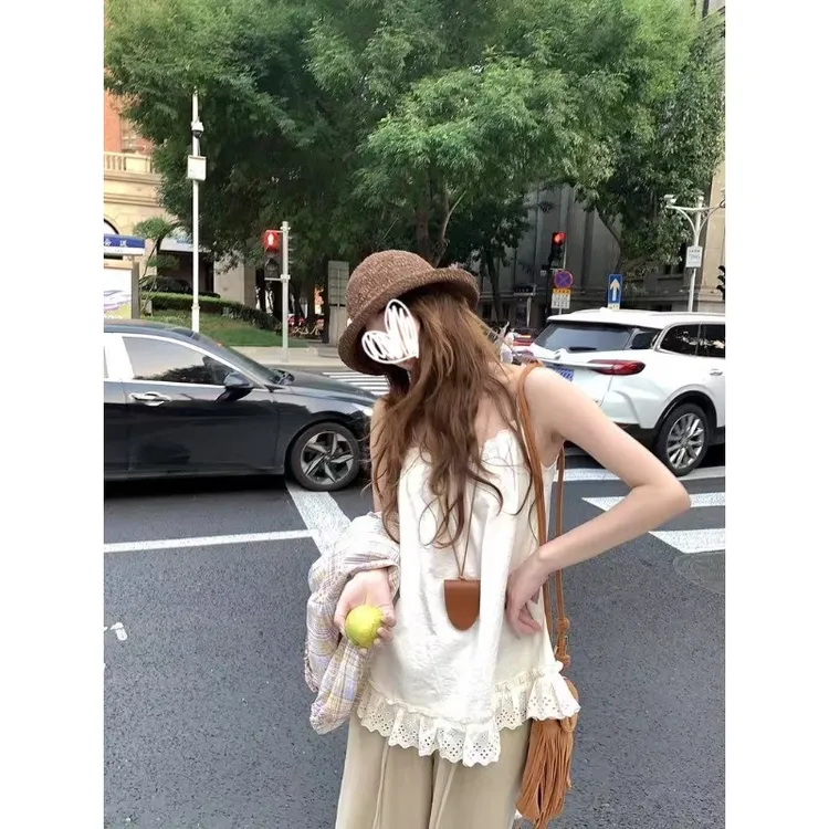 【百分甜茶】2色减龄V领A摆衬衫&仿麻花边吊带套装22129#