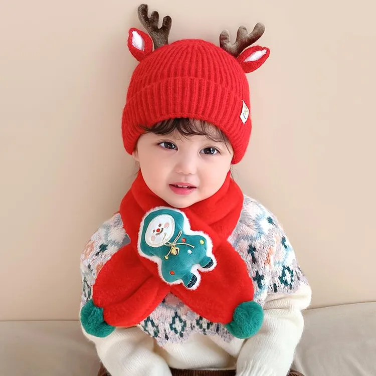 FAVMARTHA-新年红色宝宝帽子秋冬季儿童围巾小孩子圣诞婴儿男童女