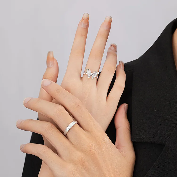 蝴蝶纯银925夜光情侣戒指男女小众轻奢款素圈ins风七夕双十一好物