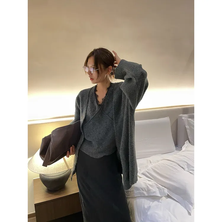 JCCC影子【半熟冬日】深花灰廓形开衫毛衣蕾丝拼接吊带套装JE5IZZ11